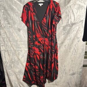 Halston womens dress size large midi red, Black faux wrap dress asymmetric hem